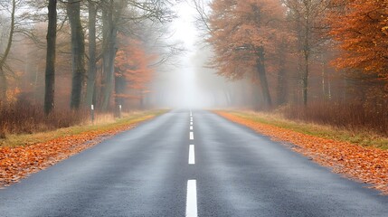 Fototapeta premium Autumn Road Through Foggy Forest Trees