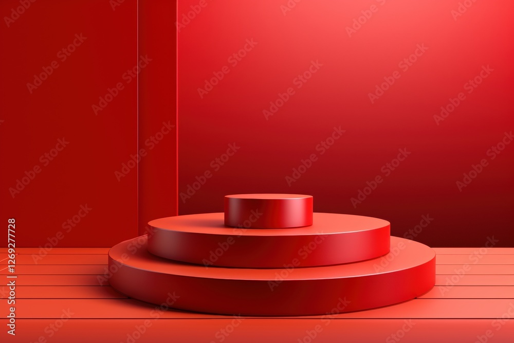 Poster a minimalistic red scene featuring concentric circular platforms, creating a striking visual in a bo