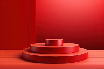 Fototapeta premium A minimalistic red scene featuring concentric circular platforms, creating a striking visual in a bold monochromatic palette.