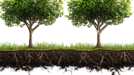 "Life's Foundation: Two flourishing trees stand tall, their roots deeply embedded in the soil, showcasing the vital connection between nature's beauty and its unseen support system.