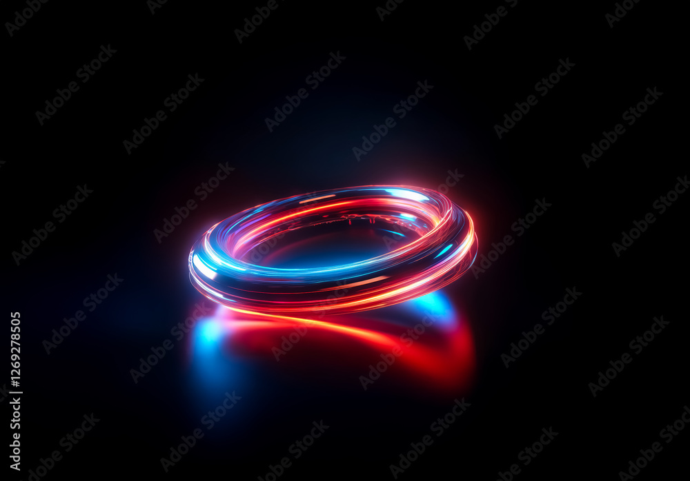 Aufkleber glowing ring with vibrant neon blue and red lights on a dark backdrop. illuminated circular form emi