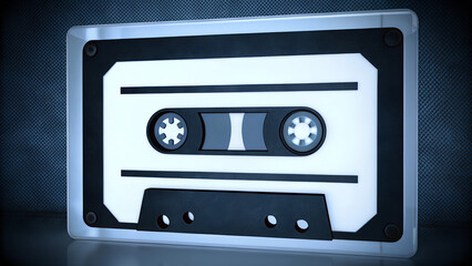 Fototapeta premium Realistic illustration of a vintage audio cassette tape on a dark background, representing nostalgia