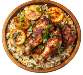 Kelewele Chicken Biryani. Spicy Arabic Rice Dish with Fried Plantains and Tender Chicken, Served in a Wooden Bowl, Top View