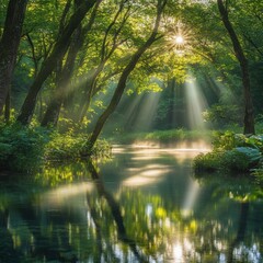 Obraz premium Sunlight filters through lush trees, reflecting on a serene river in a tranquil forest.