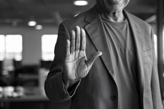 Black White Image Middle-Aged African Man Blazer Making Stop Gesture Modern Office - Effective Communication Boundaries Diverse Workplace Settings