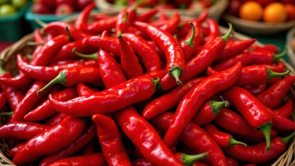  top-down photo of fresh red chilies displayed in a market