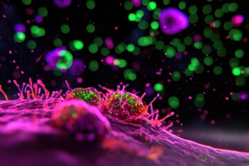 A vibrant microscopic view showcasing cellular structures in purple and green hues, representing biological activity and cellular interactions.