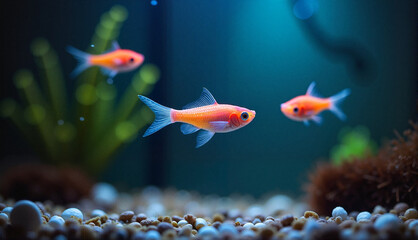 Neon tetra fish schooling, playful mood, aquarium with vibrant plants