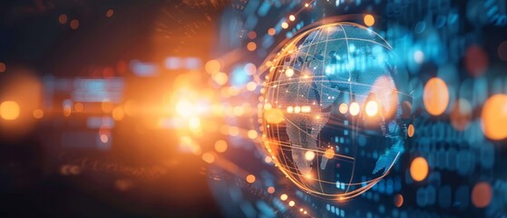 A futuristic, digital representation of a glowing globe surrounded by vibrant light trails and data elements, symbolizing connectivity and technology.