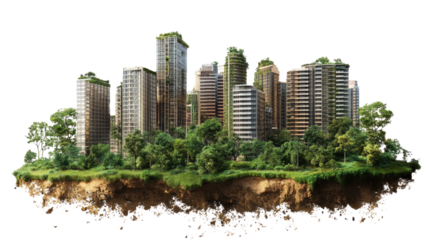 Sustainable Cityscape: A futuristic vision of urban living, showcasing eco-friendly buildings seamlessly integrated with lush greenery, symbolizing a harmonious blend of nature and architecture. 