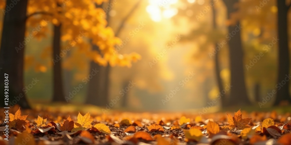 Poster golden autumn path sunlit pathway through a forest of trees with fallen leaves on the ground