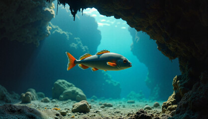 Fototapeta premium Grouper hovering near rock, curious mood, underwater scene in the marine environment