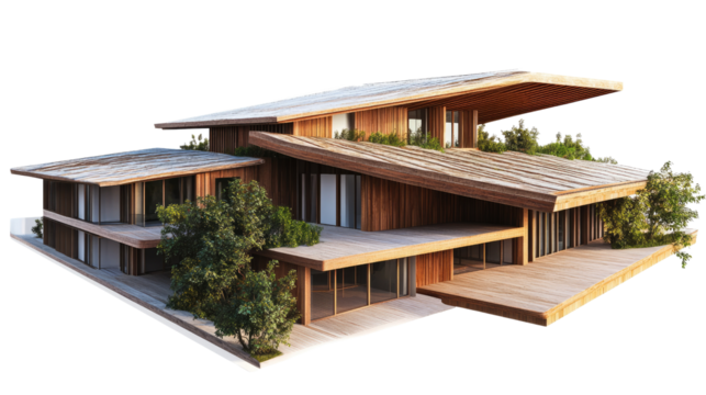Modern Architectural Marvel: A captivating architectural model showcases a contemporary house design, highlighting sleek lines, wooden exteriors, and an integrated green roof.