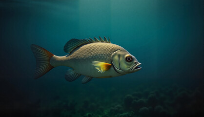 Fototapeta premium Underwater profile of fish, calm mood, deep sea environment in soft light