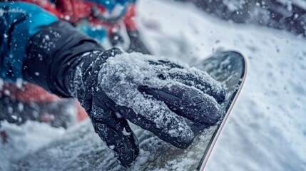 Snowboarder's Hands Gripping Board Amidst Powdery Snow