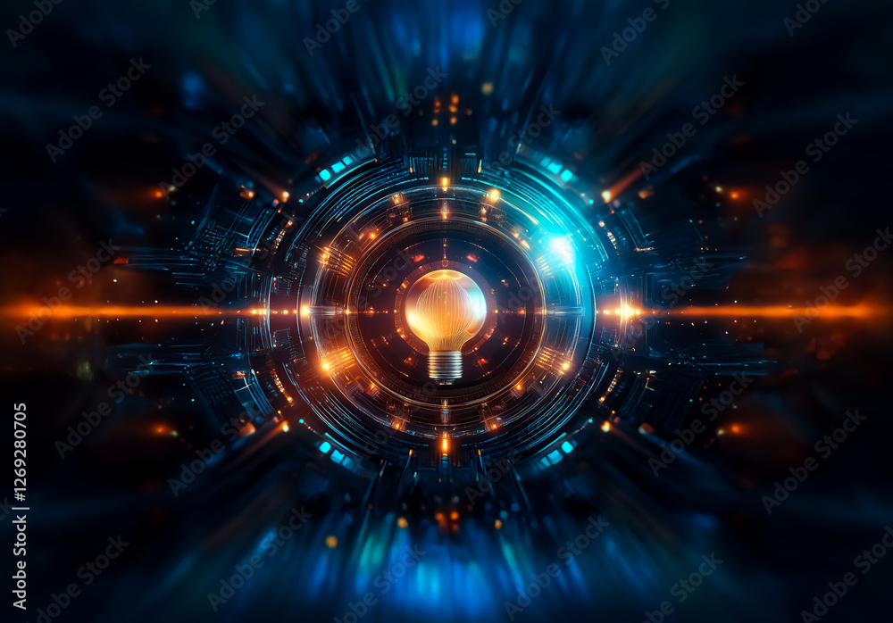 Aufkleber a glowing light bulb sits in the center of a vibrant, futuristic design. concentric circles and radi