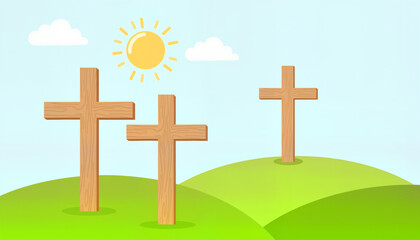 Three wooden crosses on green hills under a bright sky