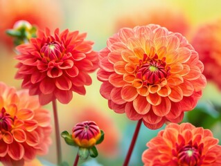 Brightly colored dahlia flowers bloom in a vibrant garden setting during summer days