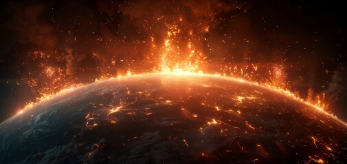 Fototapeta premium A fiery scene depicts Earth engulfed in flames, set against a dark cosmic background, suggesting destruction or transformation.