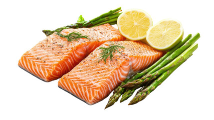 Salmon Delight: Exquisite cuts of salmon, expertly prepared and accompanied by fresh asparagus and vibrant lemon halves, invite culinary indulgence and celebrate the art of gastronomy.