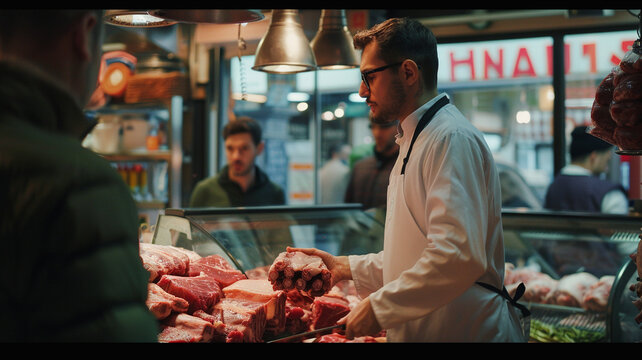 A busy local butcher shop shows meat being freshly cut and packaged, with a butcher explaining the origins and quality of the products to shoppers.