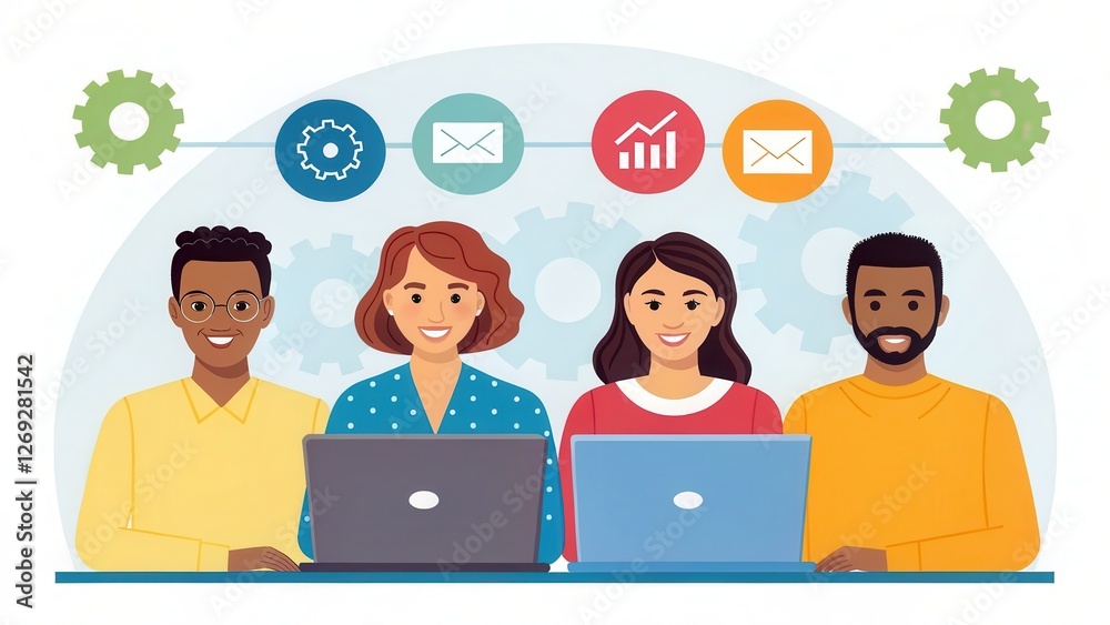 Poster Online training technology, accessible anytime and anywhere Concept. Four diverse professionals working on laptops with icons representing communication and analytics.