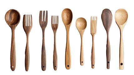 Wooden Utensils Display: A neat arrangement of diverse wooden spoons and forks, reflecting natural textures and warm tones, ideal for culinary content or home decor.