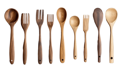 Wooden Utensils Display: A neat arrangement of diverse wooden spoons and forks, reflecting natural textures and warm tones, ideal for culinary content or home decor.
