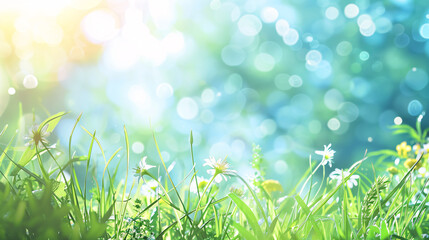 Beautiful sunny spring meadow featuring green grass and a blue sky, enhanced with abstract light bokeh effects and ample space for text.