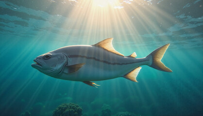 Fototapeta premium Ocean fish basking near surface, relaxed mood, sunlight streaming through water 