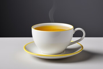 Obraz premium there is a cup of tea on a saucer with a yellow rim