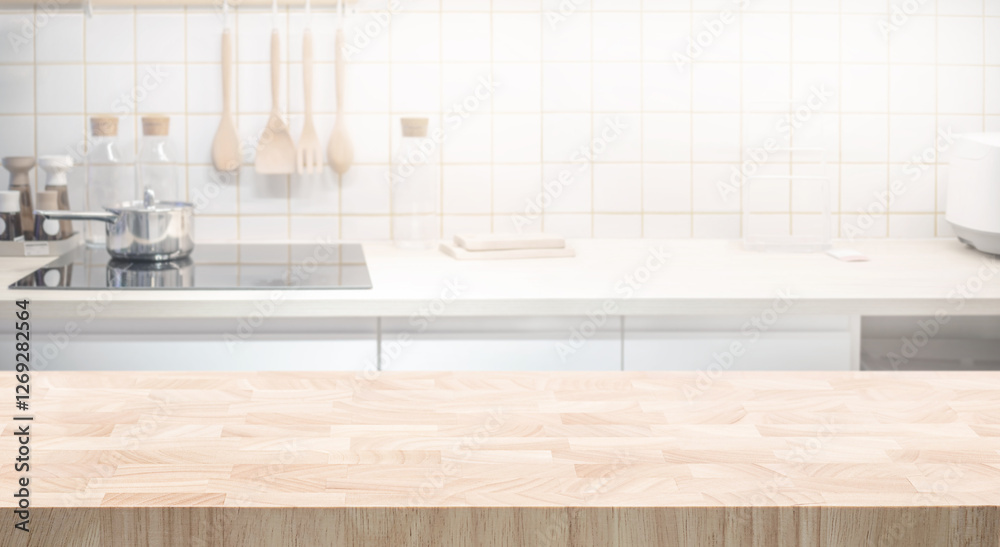 Sticker End grain wood counter,table top on blur minimal kitchen counter background.not ai generated