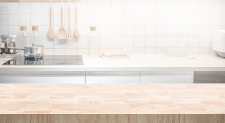 End grain wood counter,table top on blur minimal kitchen counter background.not ai generated
