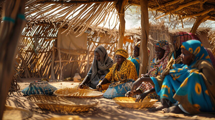 Women in Niger create intricate baskets under a thatched canopy; their craftsmanship serving as a vital source of income; vital to their families and the local economy.