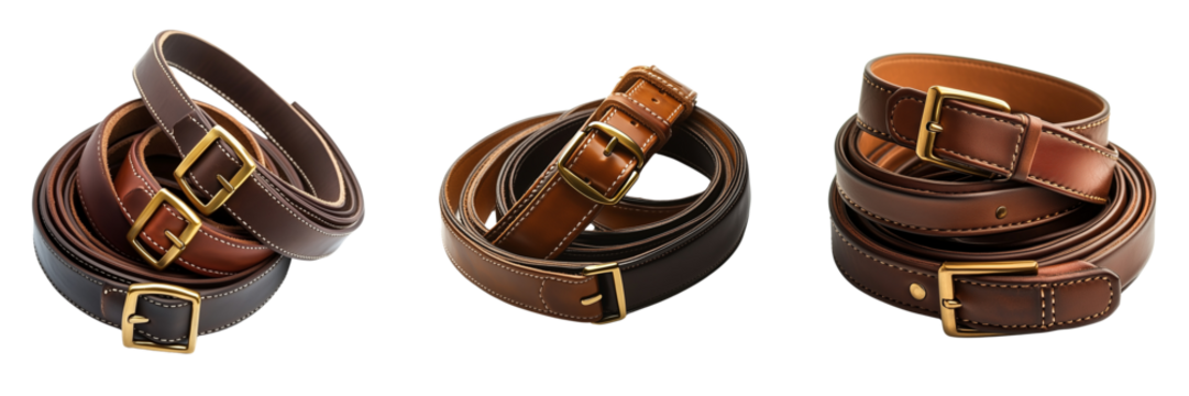 Set of Close-up of a brown genuine leather belt with a silver buckle, neatly coiled on a wooden surface on transparent png background. Ai generated