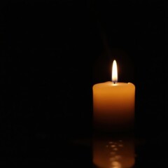 Single candle casts soft glow against inky black background , simple, mood