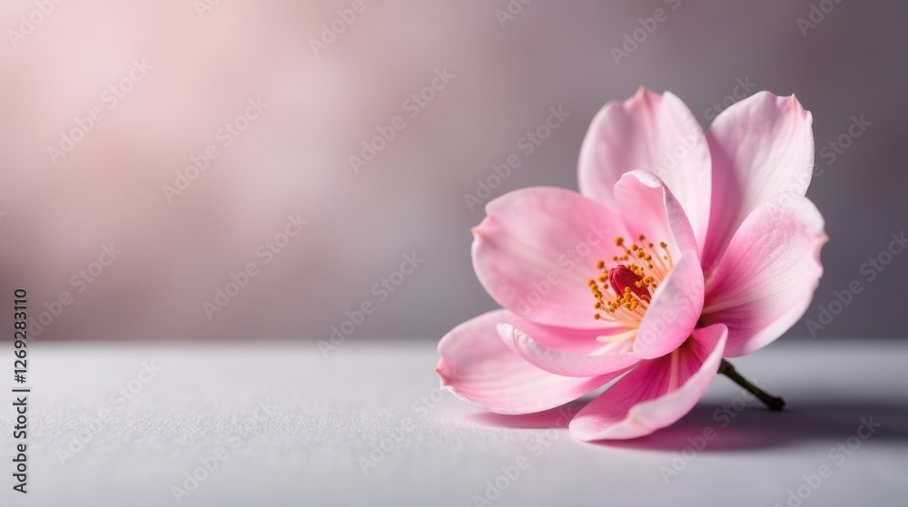 Poster a delicate pink blossom resting on a smooth surface, illuminated by soft light, evoking feelings of 