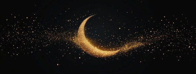 Golden crescent moon, night sky, glittering particles