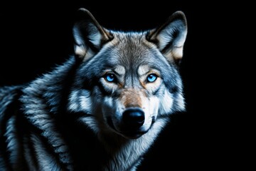 Fototapeta premium there is a wolf with blue eyes standing in the dark