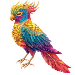 Fototapeta premium colorful mythical bird with vibrant feathers, showcasing blend of blue, yellow, and red hues. This parrot like creature embodies fantasy and creativity, captivating with its intricate details and