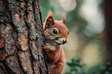 A playful red squirrel peeks out from behind a textured tree trunk its curious gaze capturing a moment of wildlife wonder in a lush green forest setting