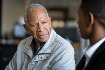 Fototapeta premium Candid Intergenerational Conversation Older Caucasian Man Light Jacket Young African Man Dark Suit - Mentorship Professional Development Blurred Indoor Setting