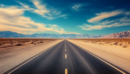 A long straight road stretches across a vast arid landscape under a bright blue sky with wispy clouds and distant mountains conveying a sense of journey adventure and open road freedom