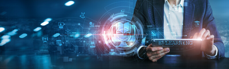 Businessman using tablet analyzing e-learning strategies, market trends, customer behavior, digital transformation, growth opportunities, business metrics, performance, technological advancements.