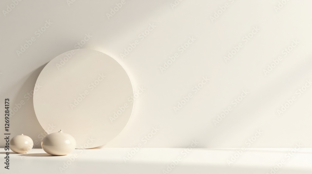 Poster Cream-colored minimalist composition featuring a large circular element and two small orb-shaped objects against a neutral backdrop, bathed in soft, natural light.