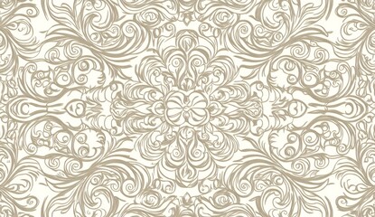 Elegant beige floral symmetrical pattern design on white background