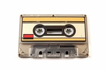 Obraz premium A vintage audio cassette tape showcasing a classic design with a yellow stripe, evoking nostalgia for music lovers and retro enthusiasts.