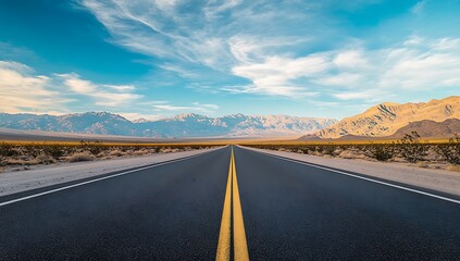Naklejka premium A long straight road stretches across a vast arid landscape under a bright blue sky with wispy clouds and distant mountains conveying a sense of journey adventure and open road freedom