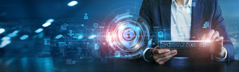 Information Security. Businessman using tablet analyzing data breaches, cyber threats, network vulnerabilities, encryption protocols, access controls, security policies, risk assessments.