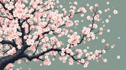 Cherry blossom tree branches in full bloom on light background
